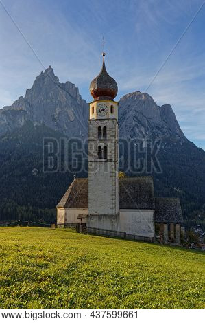 San Valentino Church In Alpe Di Suisi Village, Dolomites Mountains, Trentino Alto Adige, Italy