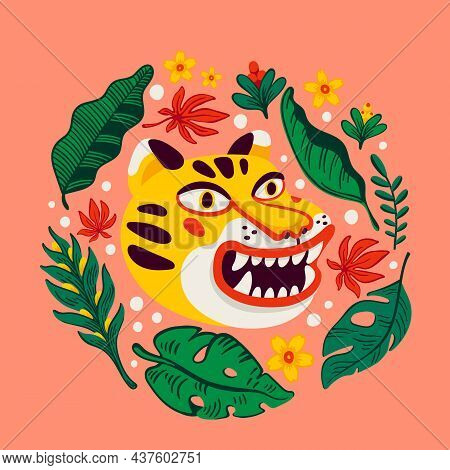 Tiger Vector Head, Cartoon Tiger Funny Face In Tropical Flowers And Leaves Wreath Frame. Organic Fla