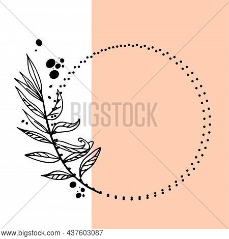 Floral Round Frame, Wreath Twig In Outline Style On Two-tone Trendy Background. Vector Illustration 