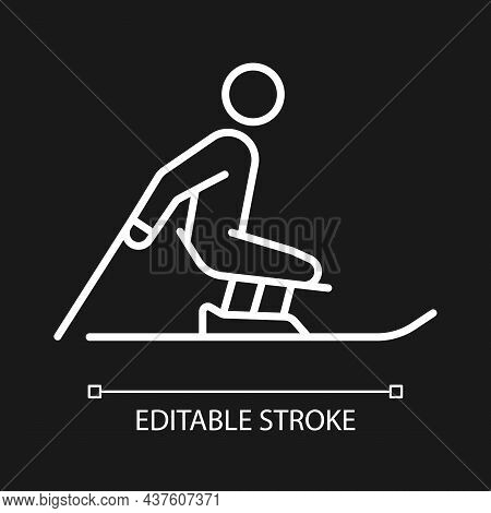 Alpine Skiing White Linear Icon For Dark Theme. Winter Season Extreme Sport. Disabled Sportsman. Thi