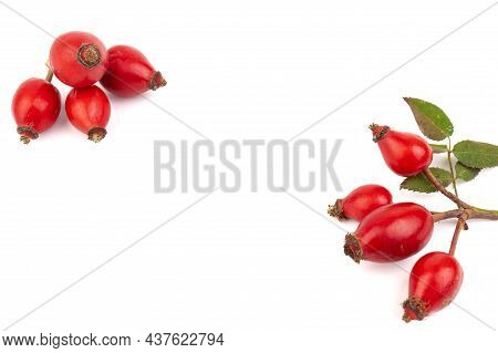 The Rosehip Isolated On White Background. Fresh Raw Berries With Leaves.