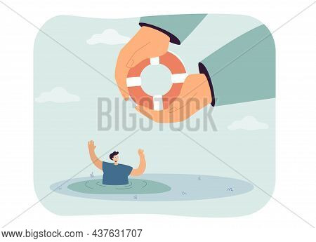 Giant Hands Giving Life Buoy To Drowning Man. Male Character Asking For Help And Getting It Flat Vec