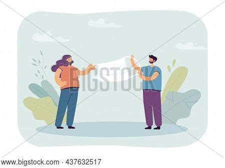 Tiny Man And Woman Holding Face Mask From Both Sides. Coronavirus Prevention And Protection Flat Vec