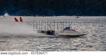 Sport. Motor Boat Races. Speed, Water Sports. Competition On The Water On A Sunny Day