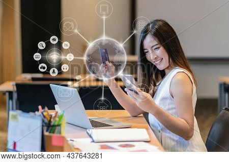 Asian Businesswoman In Casual Suit Hand Holding The Credit Card Mockup For Online Shopping With Omni
