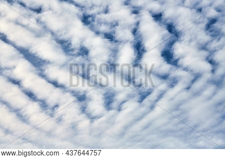 Beautiful Blue Sky With Unusual White Altocumulus Undulatus Clouds, Extraordinary Cloud Formation. W