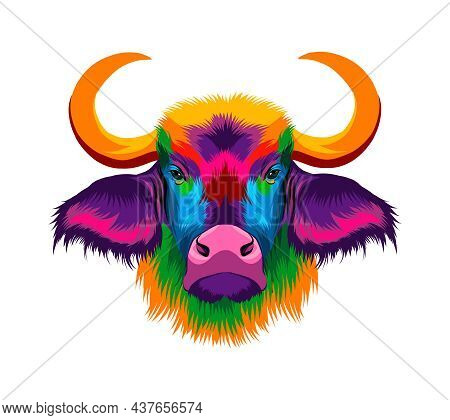 Bison, African Buffalo Head Portrait From Multicolored Paints. Splash Of Watercolor, Colored Drawing