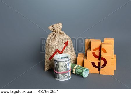 Dollar Money With Goods And An Arrow Up. Growing Profits. Increasing Consumption, Trade Balance. Hig