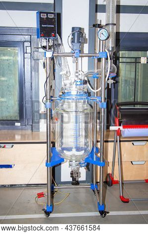 A Laboratory Glass Reactor Stands In The Laboratory. Large Flask For Chemical Processes, Experiments