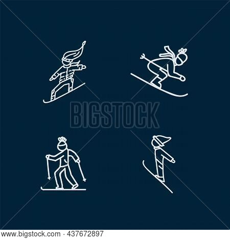 Set Of Skiing Icons. Pictographs Of Linear Winter Sports. Snowboarder, Skiing, Slalom, Ski Jumping. 