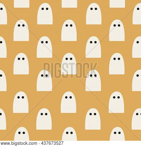 Halloween Seamless Pattern With Ghosts On A Yellow Background