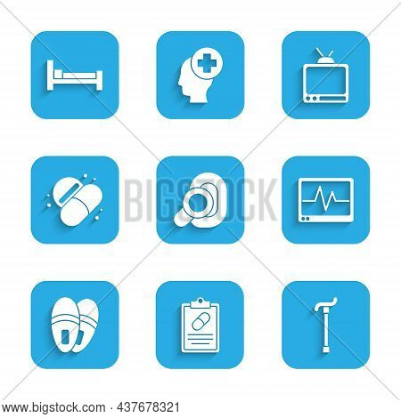 Set Hearing Aid, Medical Prescription, Walking Stick Cane, Monitor With Cardiogram, Slippers, Medici