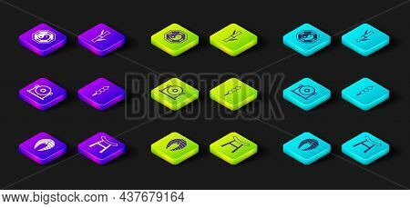 Set Fish Steak, Japan Gate, Gong, Meatballs Wooden Stick, Bamboo And Yin Yang Icon. Vector