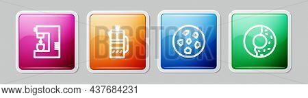 Set Line Coffee Machine, French Press, Cookie Or Biscuit And Donut With Sweet Glaze. Colorful Square