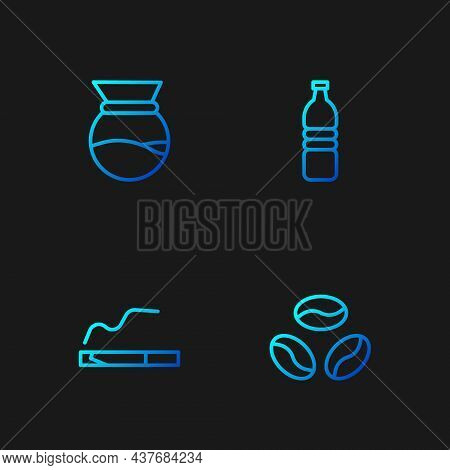 Set Line Coffee Beans, Cigarette, Pour Over Coffee Maker And Bottle Water. Gradient Color Icons. Vec