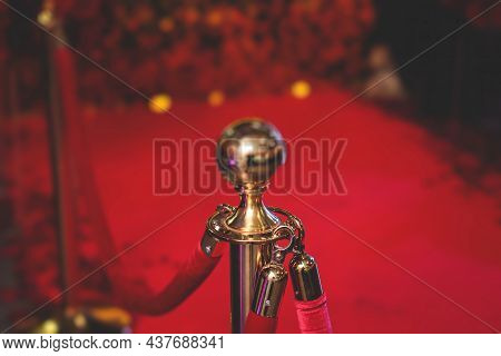 View Of Red Carpet Between Ropes And Golden Barriers On A Luxury Party Entrance, Cinema Premiere Fil