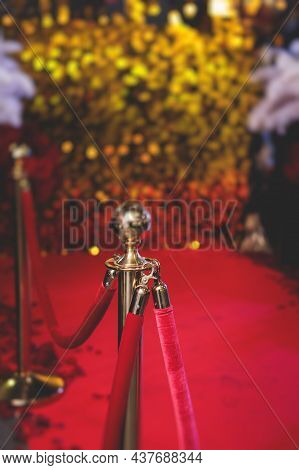 View Of Red Carpet Between Ropes And Golden Barriers On A Luxury Party Entrance, Cinema Premiere Fil