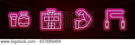 Set Line Sports Nutrition, Gym Building, Bodybuilder Muscle And Jump Rope. Glowing Neon Icon. Vector