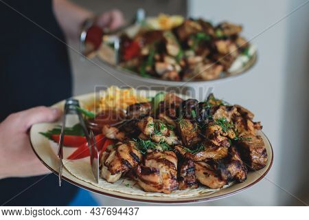 Variety Assortment Of Traditional Main Course Meat Barbecue Grill Dishes Of Caucasian Cuisine, With
