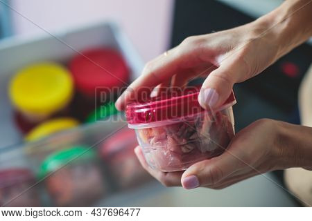 Process Of Preparing Bowls With Natural Raw Pet Dog Food At Home, Preparation Of Healthy Raw Barf Fo