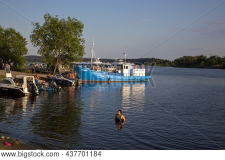 Sortavala, Russia - July 10, 2021: Small Ship At The City Pier In The City Of Sortavala In The Repub