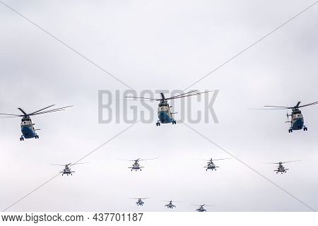 Moscow, Russia - May, 09, 2021: A Group Of Mi-26 Transport Helicopters, Mi-8 Helicopters And Three M