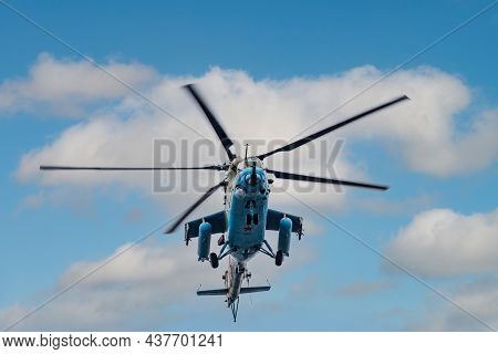 Moscow, Russia - May, 09, 2021: Mi-35m Attack Helicopters In The Sky Over Moscow During The Parade D