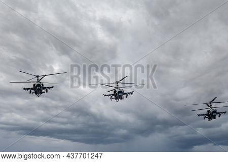 Moscow, Russia - May, 09, 2021: A Group Of Ka-52 Alligator Reconnaissance And Attack Helicopters In 