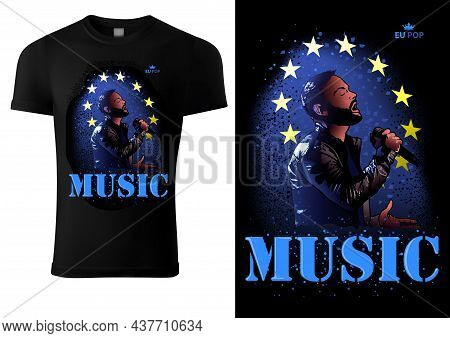 T-shirt Design Euro Pop Music With Singer And Stars On Black Background - Graphic Illustration With 