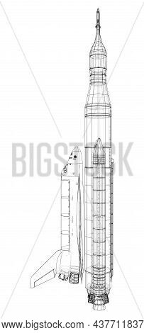 Rocket Carrying Space Shuttle. Vector Rendering Of 3d. Wire-frame Style. Elements Of This Image Furn