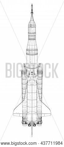 Rocket Carrying Space Shuttle. Vector Rendering Of 3d. Wire-frame Style. Elements Of This Image Furn