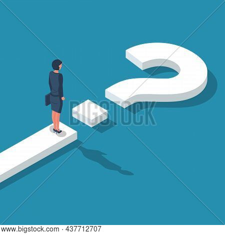 Road Forward In Form Of Question Mark. Whats Next Big Question Mark On Way. Businesswoman In Suit Wi