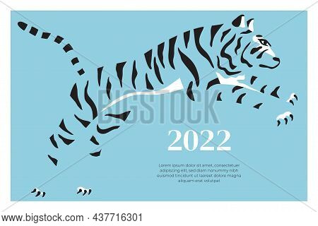 Design Template With Jumping Tiger And Text Isolated On Blue Background. Happy New 2022 Year Greetin