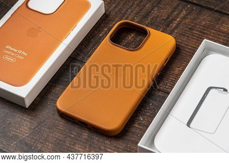 Antalya, Turkey - October 28, 2021: Newly Designed Golden Brown Magsafe Leather Case For Apple Iphon