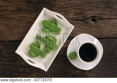 Meringue Is Like Cactus. Dessert Prepared From Whipped With Sugar And Baked Eggs. Top View Tray With
