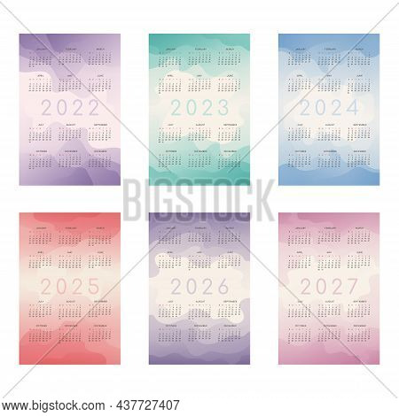 2022 2023 2024 2025 2026 2027 Calendar With Multicilor Translucent Gradient Fluid Wave Shapes. Set O