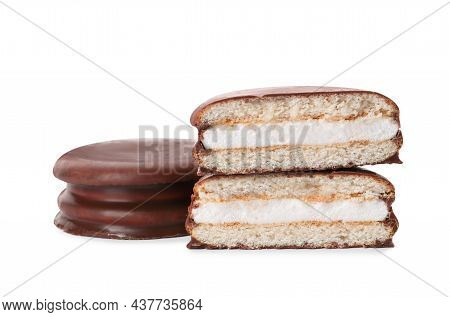 Delicious Choco Pies On White Background. Classic Snack Cakes