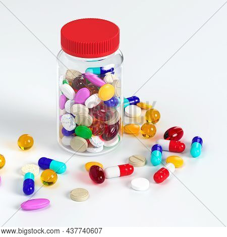 Jar With Multi-colored Tablets Of Vitamins. Variety Of Vitamins. Production Of Drugs. Medical Theme.