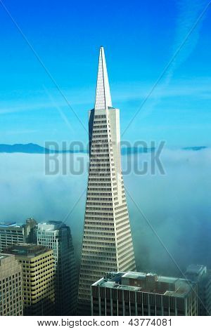 : Widok areal Transamerica pyramid i miasta San Francisco objęte gęsta mgła