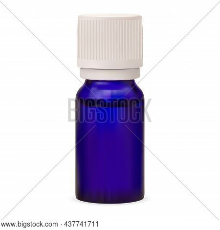 Small Essential Oil Bottle. Blue Glass Container Mockup. Liquid Lavender Syrup, Aromatherapy Flask C