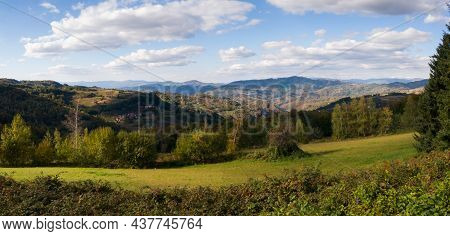 Panoramic Mountain Landscape Of Serbia Seen From The Hill Kadinjača Between Užice And Bajina Bašta