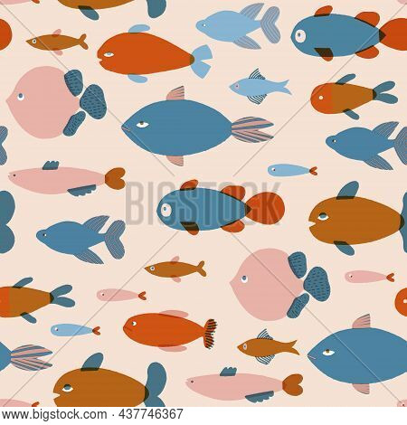 Fish Pattern In Retro Risograph Printing Style. Cartoon Aquatic Fishes Illustration.