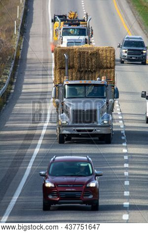 Truck Transport On The Highway, Magog, Québec, Canada, October 27 2021
