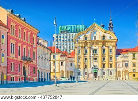 View Of Congress Square And The Ursuline Church Of The Holy Trinity In The Central Part Of Ljubljana