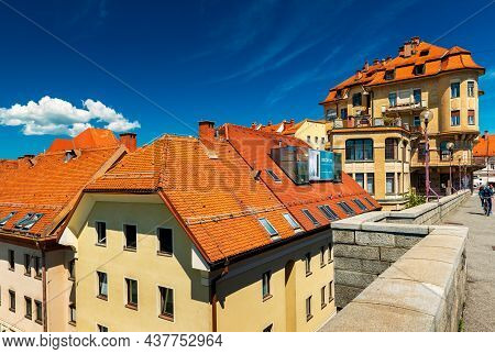 Maribor - June 2020, Slovenia: View From The Old Bridge (glavni Most) On The Old Historical Building