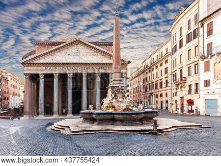 View On The Pantheon And The Fountain In Rotonda Square, Rome, Italy