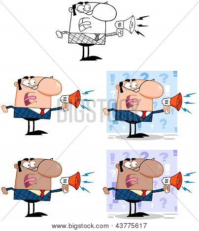 Eccitato Business Manager parla attraverso un megafono. Collezione