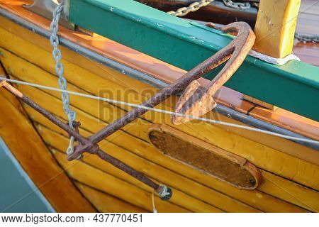 A Detail Of A Sailboat, The Anchor Is Attached To The Hull.