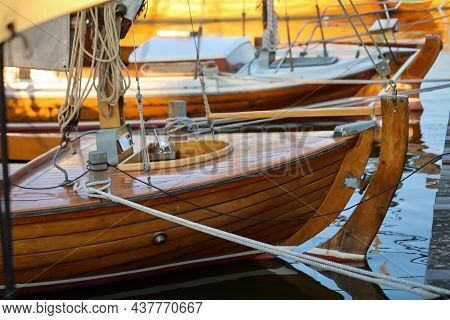 Details Of A Sailboat. A Sailboat With A Hull Made Of The Finest Machined Wood.