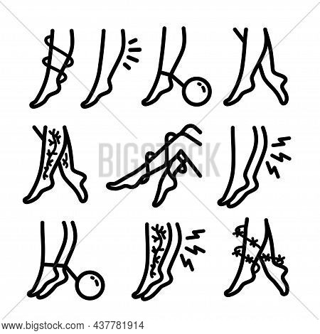 Varicose Disease Collection Icons Set. Varicose Symptoms And Treatment Linear Pictograms. Monochrome
